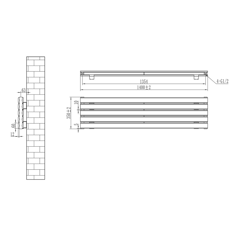 Riace Linea Dark Grey Anthracite Flat Designer Radiator 350x1400mm Double Panel 2792 BTU - Horizontal Bars