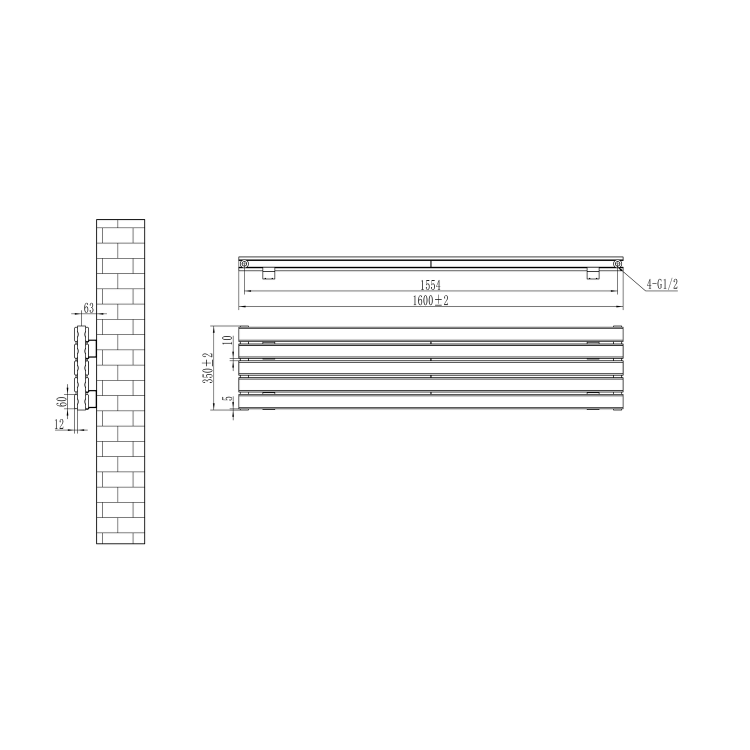 Riace Linea Dark Grey Anthracite Flat Designer Radiator 350x1600mm Double Panel 3140 BTU - Horizontal Bars