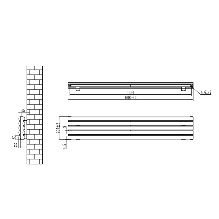 Sorrento Linea White Oval Designer Radiator 295x1600mm Double Panel 2836 BTU - Horizontal Bars