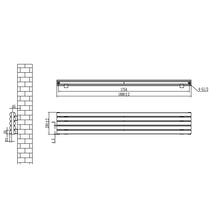 Sorrento Linea Midnight Black Oval Designer Radiator 295x1800mm Double Panel 3171 BTU - Horizontal Bars