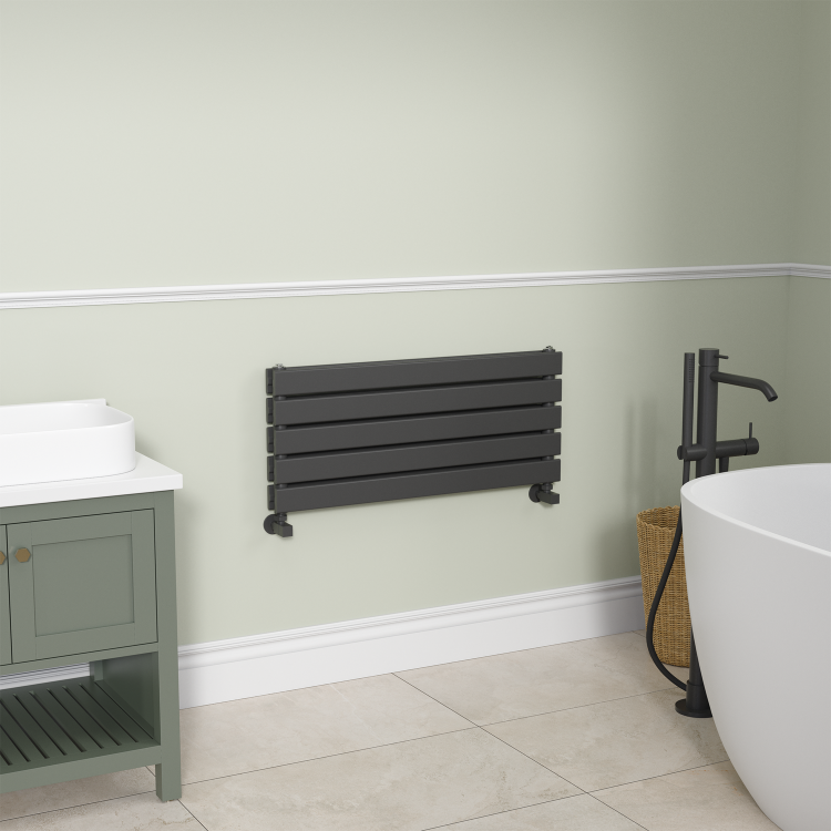 Riace Linea Midnight Black Flat Designer Radiator 350x800mm Double Panel 1693 BTU - Horizontal Bars