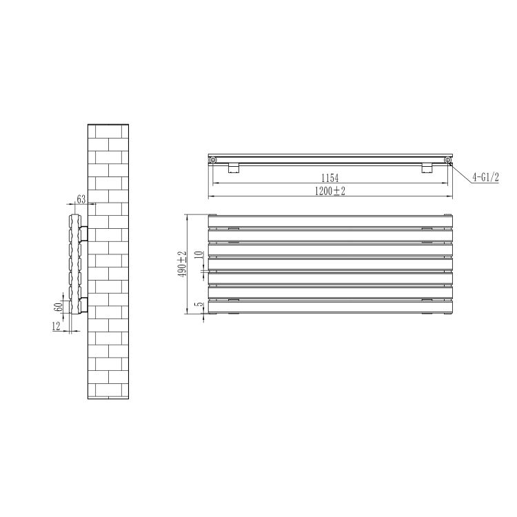 Riace Linea Dark Grey Anthracite Flat Designer Radiator 490x1200mm Double Panel 3410 BTU - Horizontal Bars