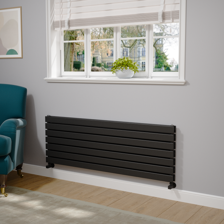 Riace Linea Midnight Black Flat Designer Radiator 490x1400mm Double Panel 3908 BTU - Horizontal Bars