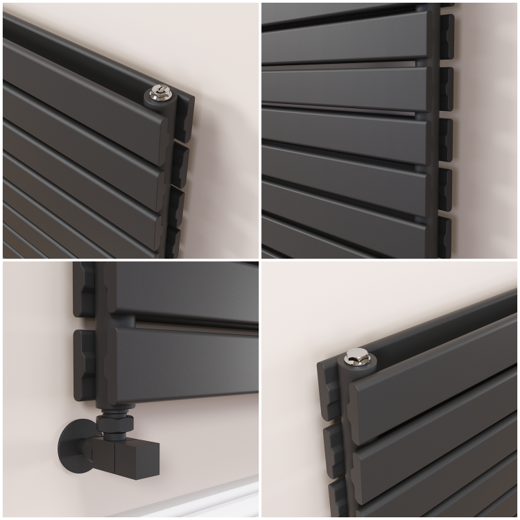 Riace Linea Midnight Black Flat Designer Radiator 490x1400mm Double Panel 3908 BTU - Horizontal Bars