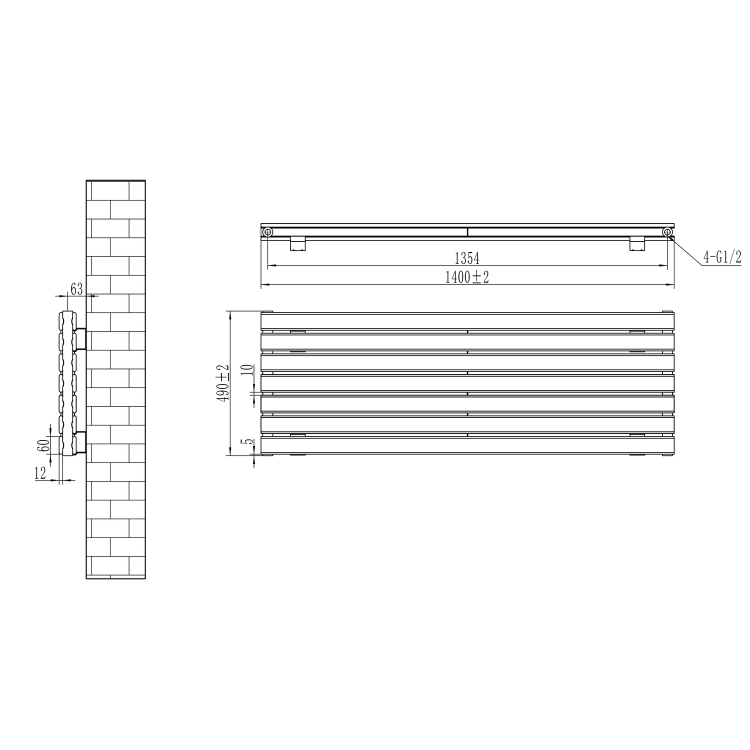 Riace Linea Midnight Black Flat Designer Radiator 490x1400mm Double Panel 3908 BTU - Horizontal Bars