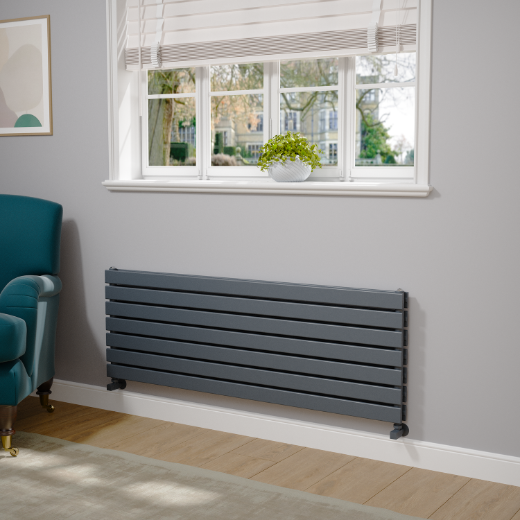 Riace Linea Dark Grey Anthracite Flat Designer Radiator 490x1400mm Double Panel 3908 BTU - Horizontal Bars