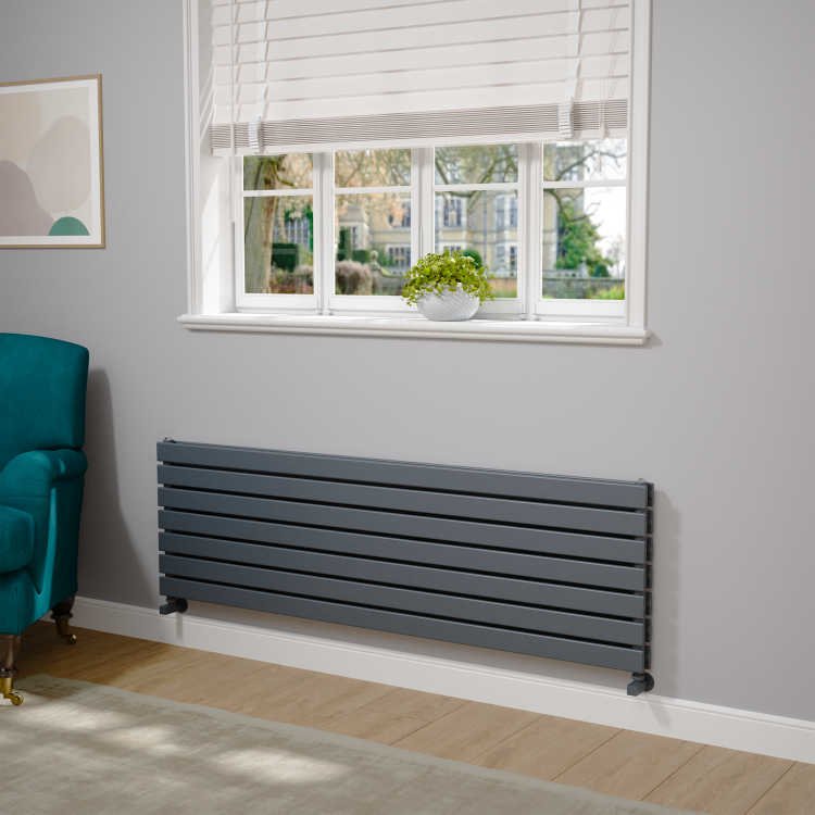 Riace Linea Dark Grey Anthracite Flat Designer Radiator 490x1600mm Double Panel 4392 BTU - Horizontal Bars