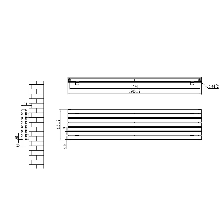 Sorrento Linea Midnight Black Oval Designer Radiator 413x1800mm Double Panel 4437 BTU - Horizontal Bars