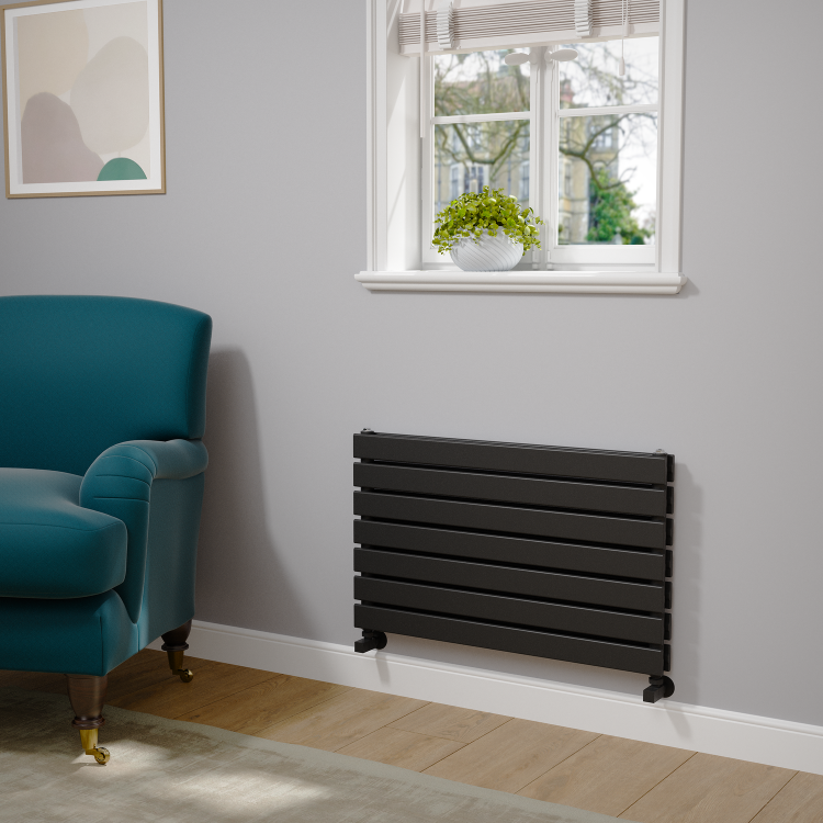 Riace Linea Midnight Black Flat Designer Radiator 490x800mm Double Panel 2369 BTU - Horizontal Bars