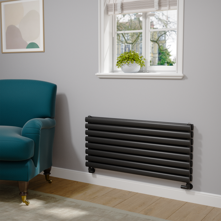 Sorrento Linea Midnight Black Oval Designer Radiator 472x1000mm Double Panel 2952 BTU - Horizontal Bars