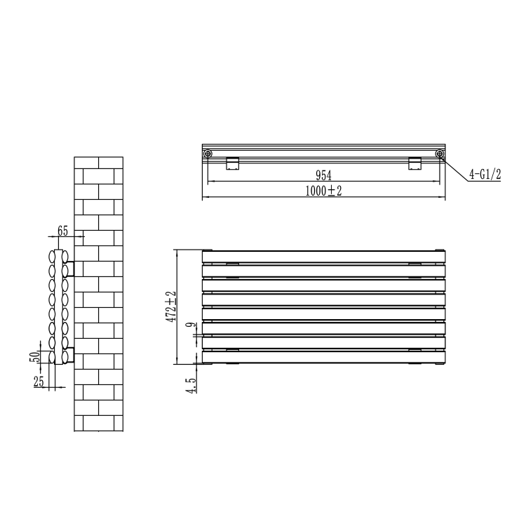 Sorrento Linea Midnight Black Oval Designer Radiator 472x1000mm Double Panel 2952 BTU - Horizontal Bars