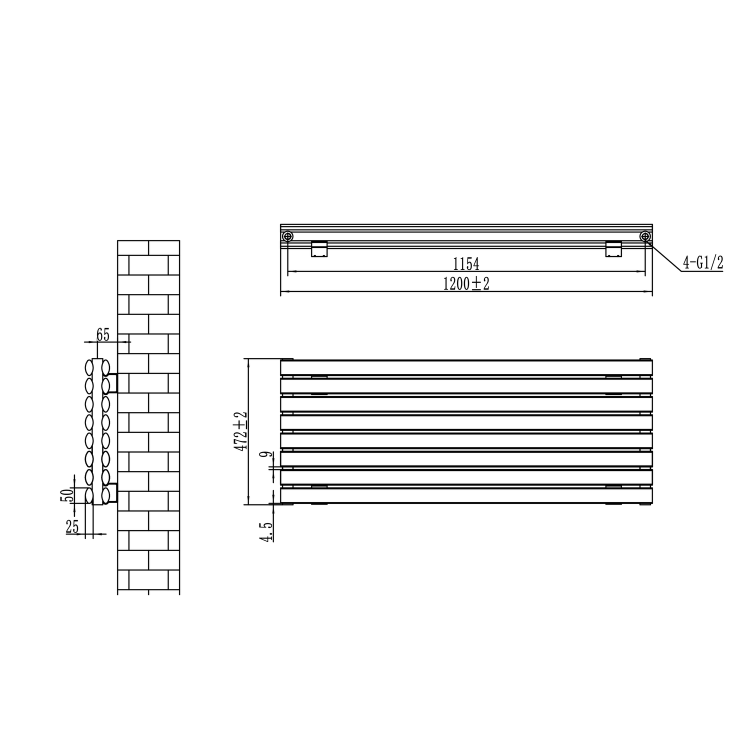 Sorrento Linea Midnight Black Oval Designer Radiator 472x1200mm Double Panel 3485 BTU - Horizontal Bars