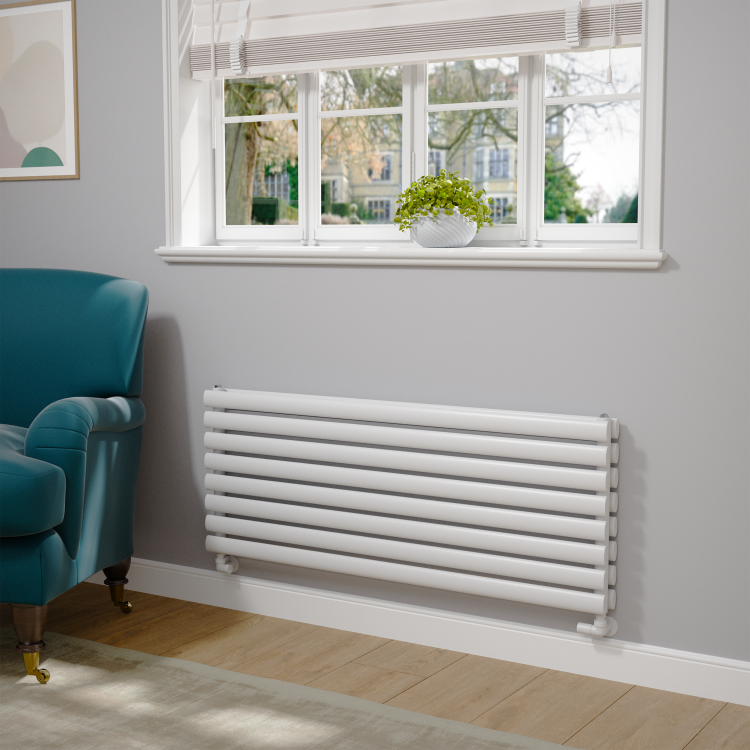 Sorrento Linea White Oval Designer Radiator 472x1200mm Double Panel 3485 BTU - Horizontal Bars