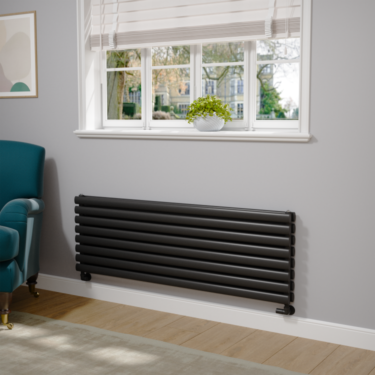 Sorrento Linea Midnight Black Oval Designer Radiator 472x1400mm Double Panel 4010 BTU - Horizontal Bars