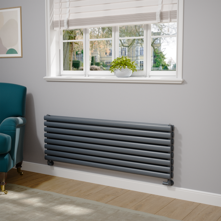 Sorrento Linea Dark Grey Anthracite Oval Designer Radiator 472x1400mm Double Panel 4010 BTU - Horizontal Bars