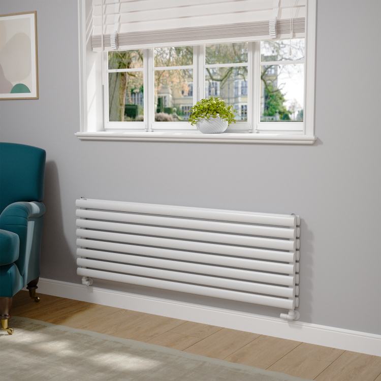 Sorrento Linea White Oval Designer Radiator 472x1400mm Double Panel 4010 BTU - Horizontal Bars