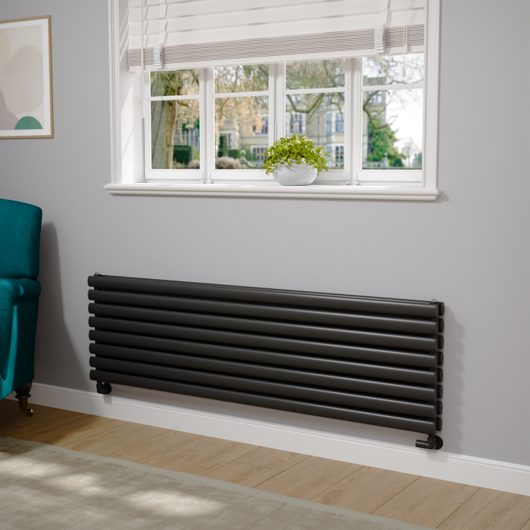 Sorrento Linea Midnight Black Oval Designer Radiator 472x1600mm Double Panel 4539 BTU - Horizontal Bars
