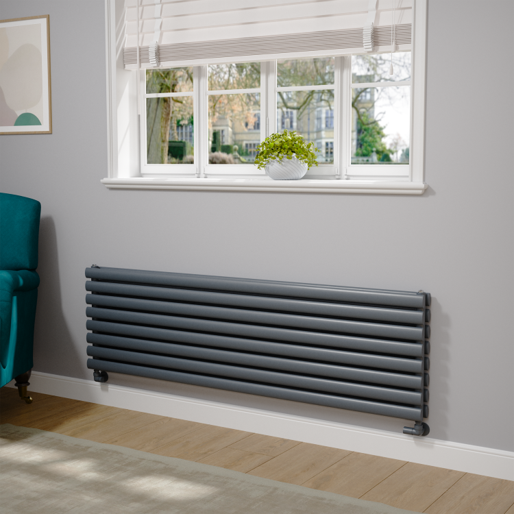 Sorrento Linea Dark Grey Anthracite Oval Designer Radiator 472x1600mm Double Panel 4539 BTU - Horizontal Bars
