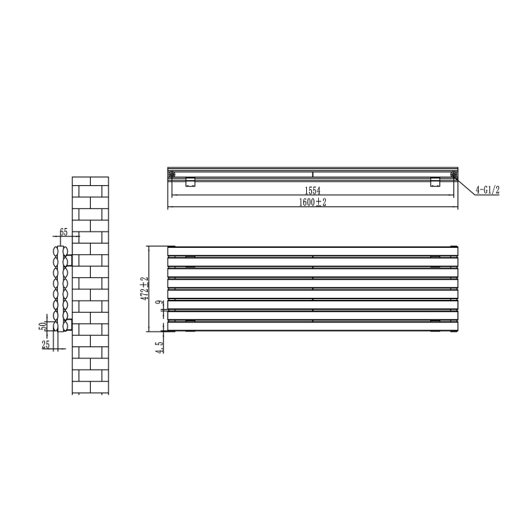 Sorrento Linea White Oval Designer Radiator 472x1600mm Double Panel 4539 BTU - Horizontal Bars