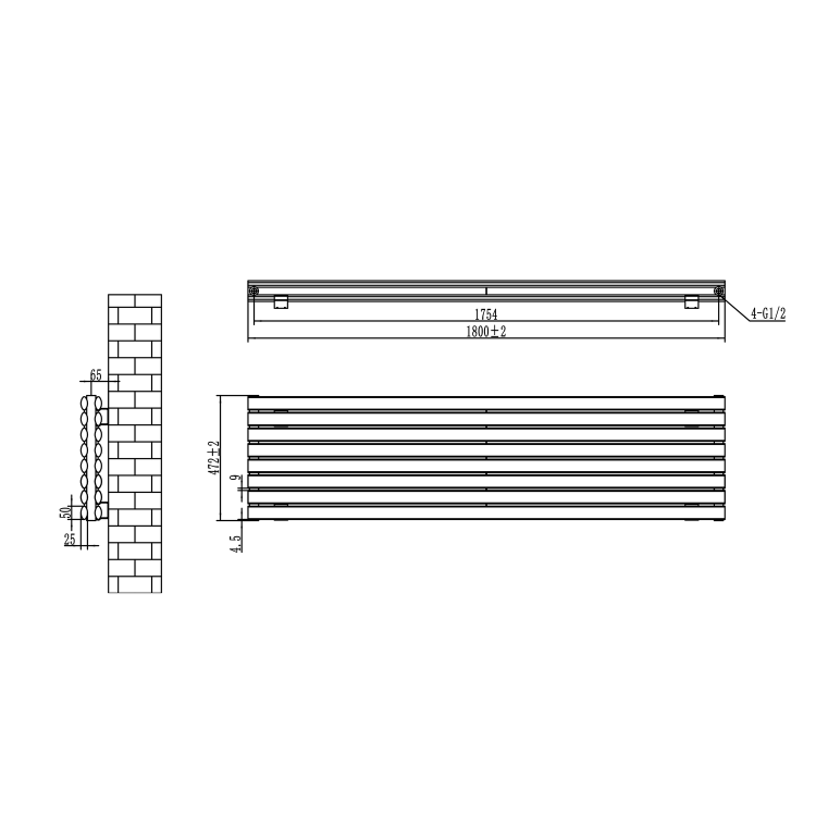 Sorrento Linea White Oval Designer Radiator 472x1800mm Double Panel 5072 BTU - Horizontal Bars