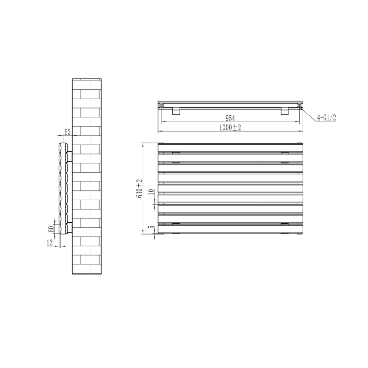 Riace Linea Dark Grey Anthracite Flat Designer Radiator 630x1000mm Double Panel 3727 BTU - Horizontal Bars