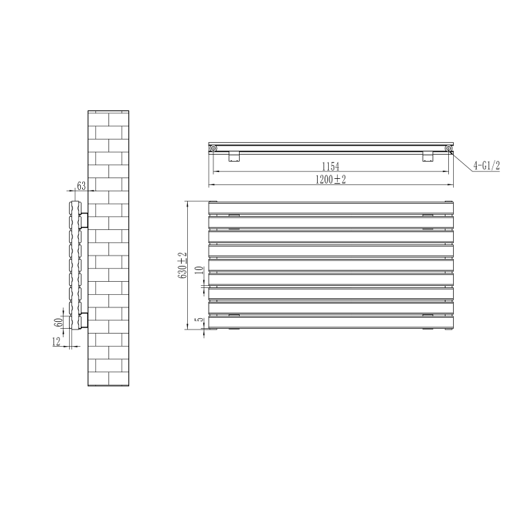 Riace Linea Midnight Black Flat Designer Radiator 630x1200mm Double Panel 4386 BTU - Horizontal Bars