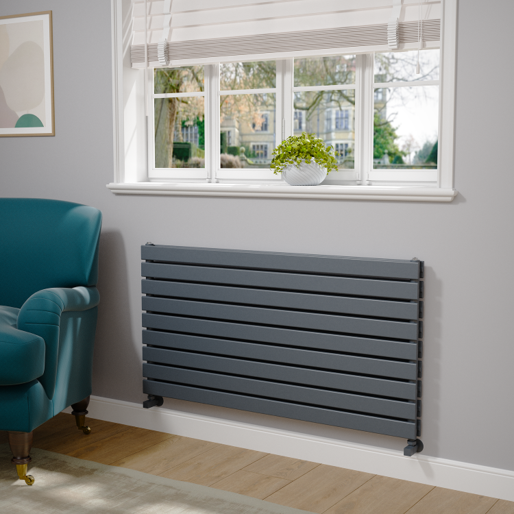 Riace Linea Dark Grey Anthracite Flat Designer Radiator 630x1200mm Double Panel 4386 BTU - Horizontal Bars