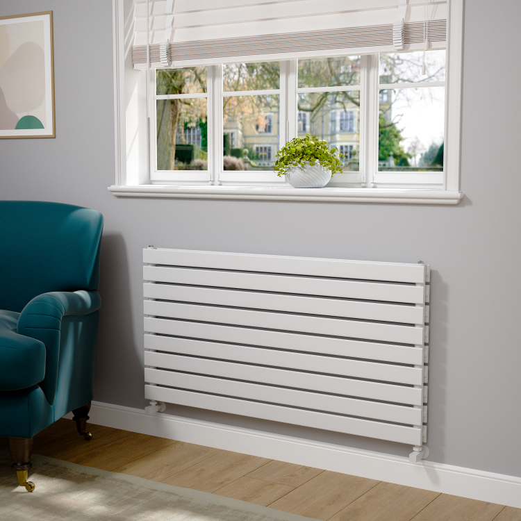 Riace Linea White Flat Designer Radiator 630x1200mm Double Panel 4386 BTU - Horizontal Bars