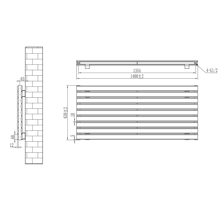 Riace Linea Dark Grey Anthracite Flat Designer Radiator 630x1400mm Double Panel 5027 BTU - Horizontal Bars