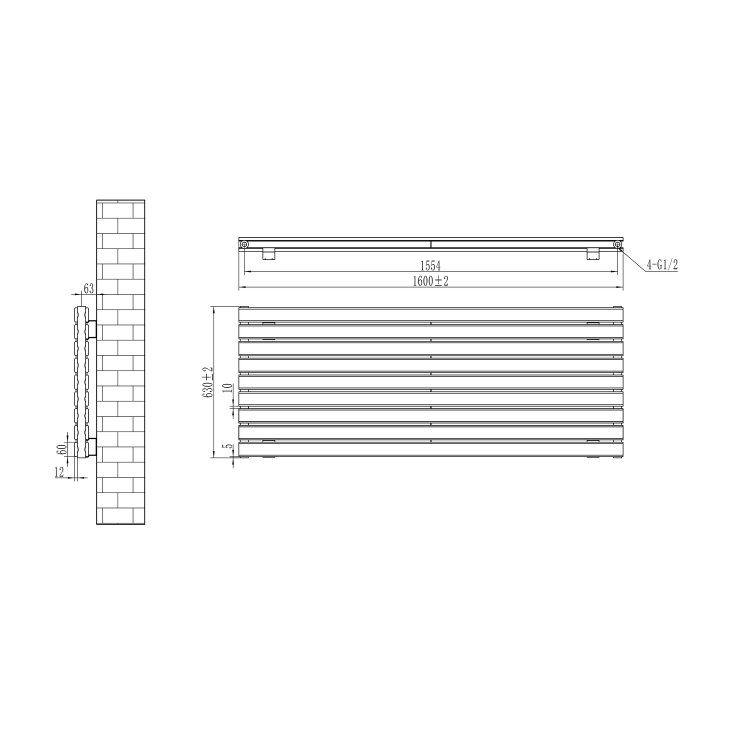 Riace Linea White Flat Designer Radiator 630x1600mm Double Panel 5648 BTU - Horizontal Bars