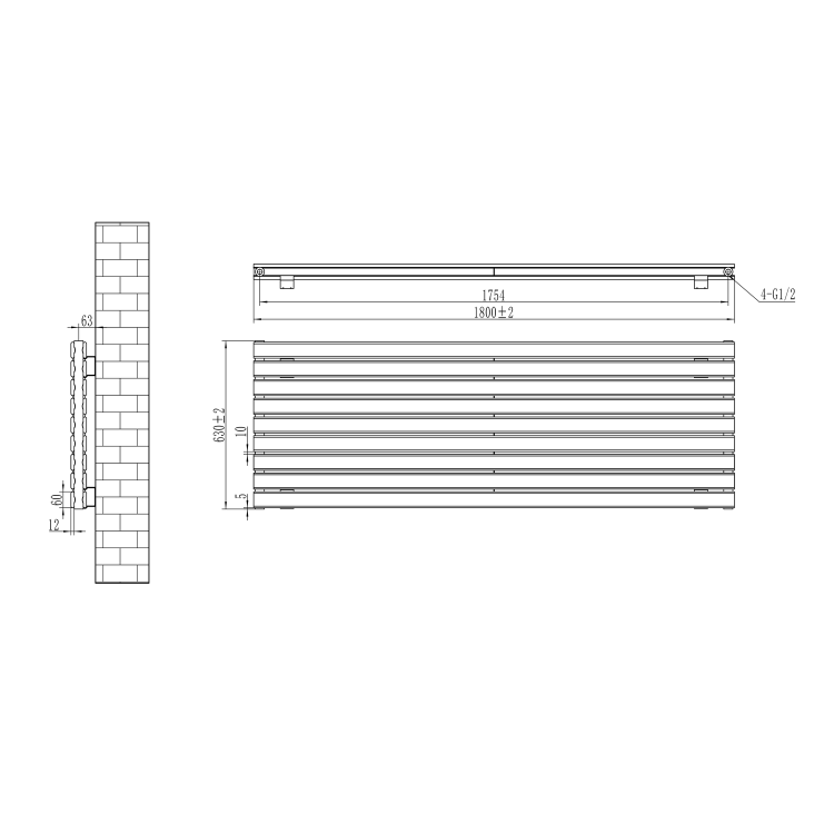 Riace Linea Midnight Black Flat Designer Radiator 630x1800mm Double Panel 6256 BTU - Horizontal Bars