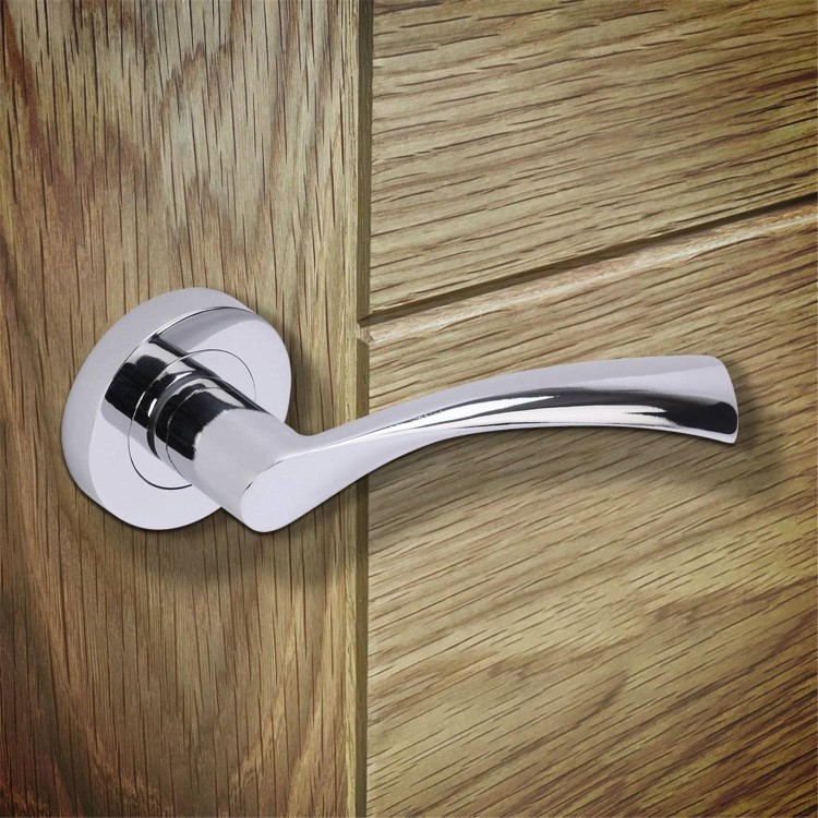 Internal Silver Polished Chrome Bathroom Lever Door Handle with Lock, Latch and Hinges Pack - 65mm Latch - Rhine - XL Joinery