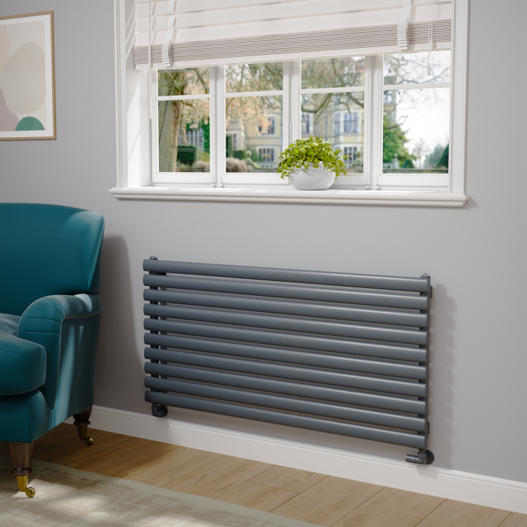 Sorrento Linea Dark Grey Anthracite Oval Designer Radiator 590x1200mm Single Panel 2863 BTU - Horizontal Bars