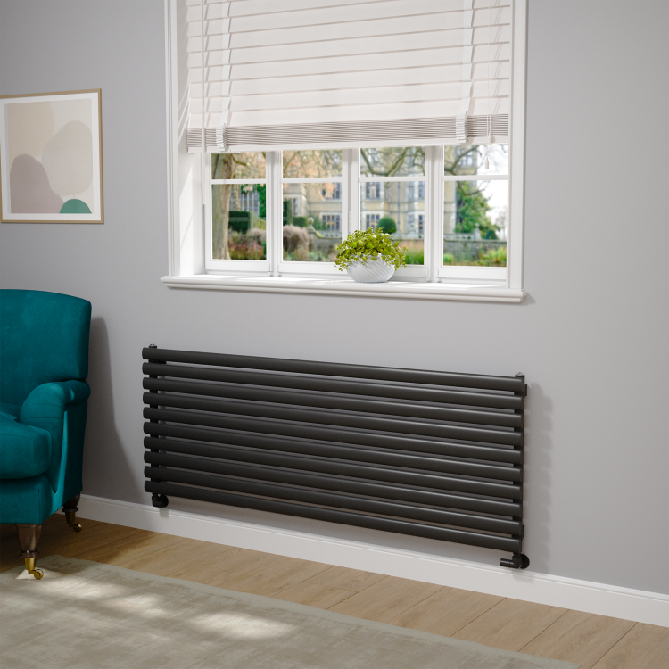 Sorrento Linea Midnight Black Oval Designer Radiator 590x1600mm Single Panel 3782 BTU - Horizontal Bars