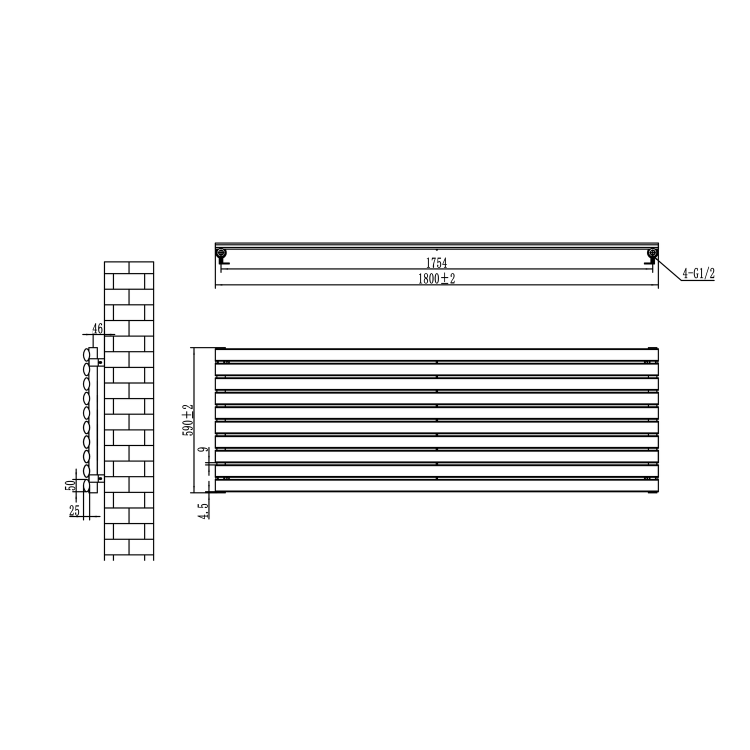 Sorrento Linea Midnight Black Oval Designer Radiator 590x1800mm Single Panel 4256 BTU - Horizontal Bars