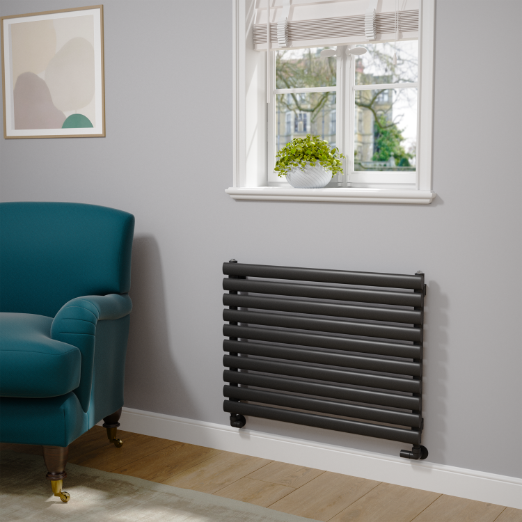 Sorrento Linea Midnight Black Oval Designer Radiator 590x800mm Single Panel 1983 BTU - Horizontal Bars