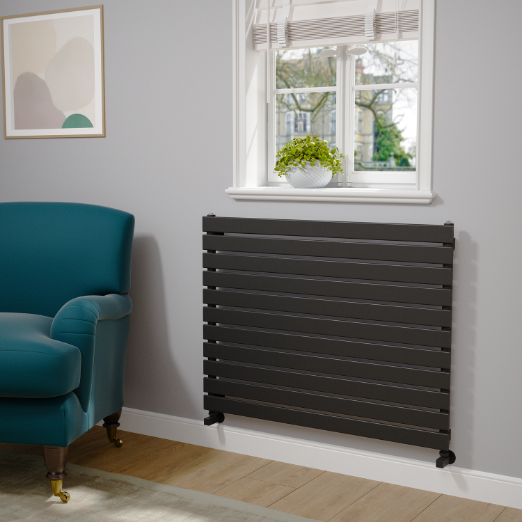 Riace Linea Midnight Black Flat Designer Radiator 770x1000mm Single Panel 2973 BTU - Horizontal Bars