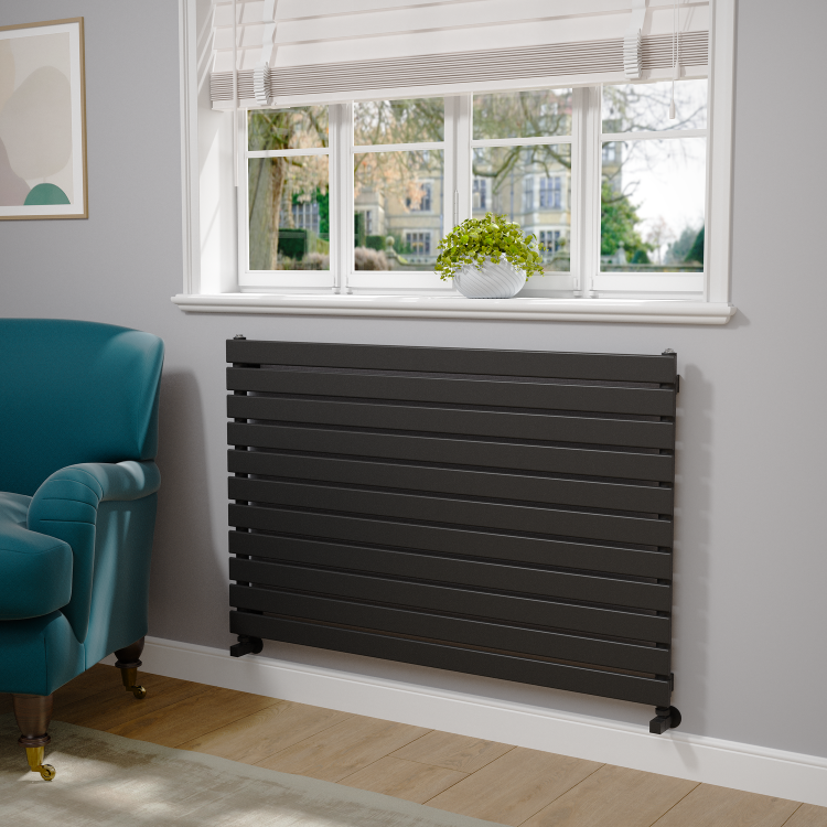 Riace Linea Midnight Black Flat Designer Radiator 770x1200mm Single Panel 3519 BTU - Horizontal Bars