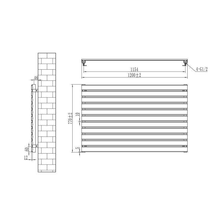 Riace Linea White Flat Designer Radiator 770x1200mm Single Panel 3519 BTU - Horizontal Bars