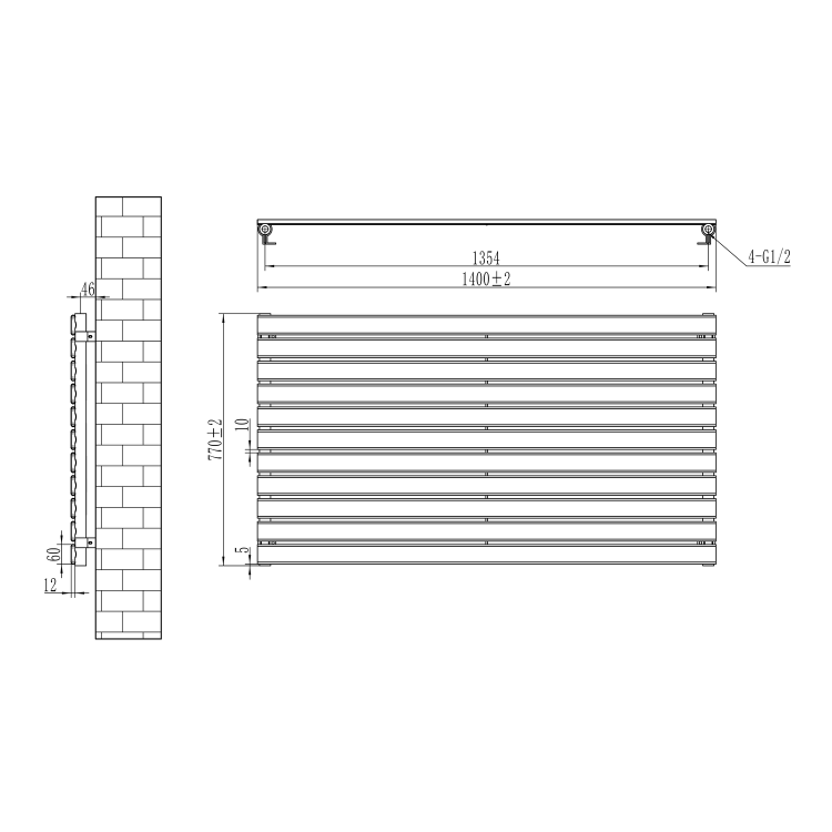 Riace Linea Dark Grey Anthracite Flat Designer Radiator 770x1400mm Single Panel 4072 BTU - Horizontal Bars