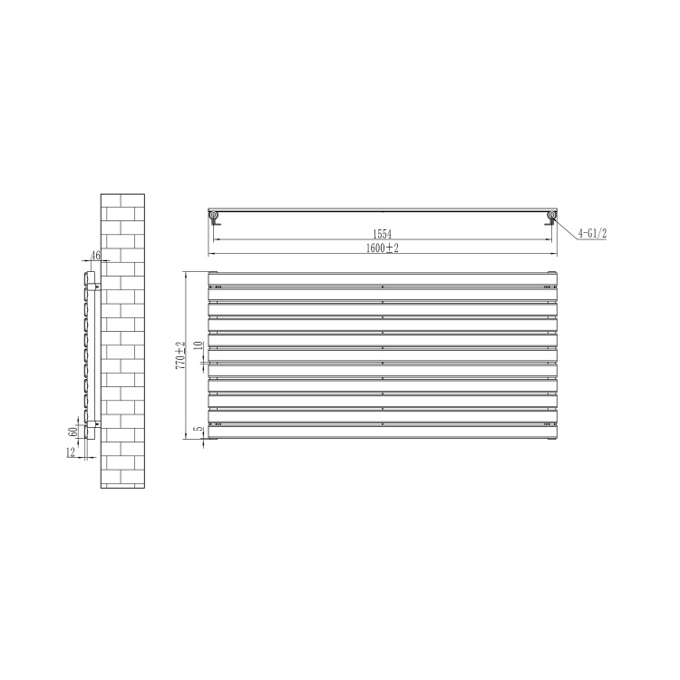 Riace Linea Dark Grey Anthracite Flat Designer Radiator 770x1600mm Single Panel 4638 BTU - Horizontal Bars