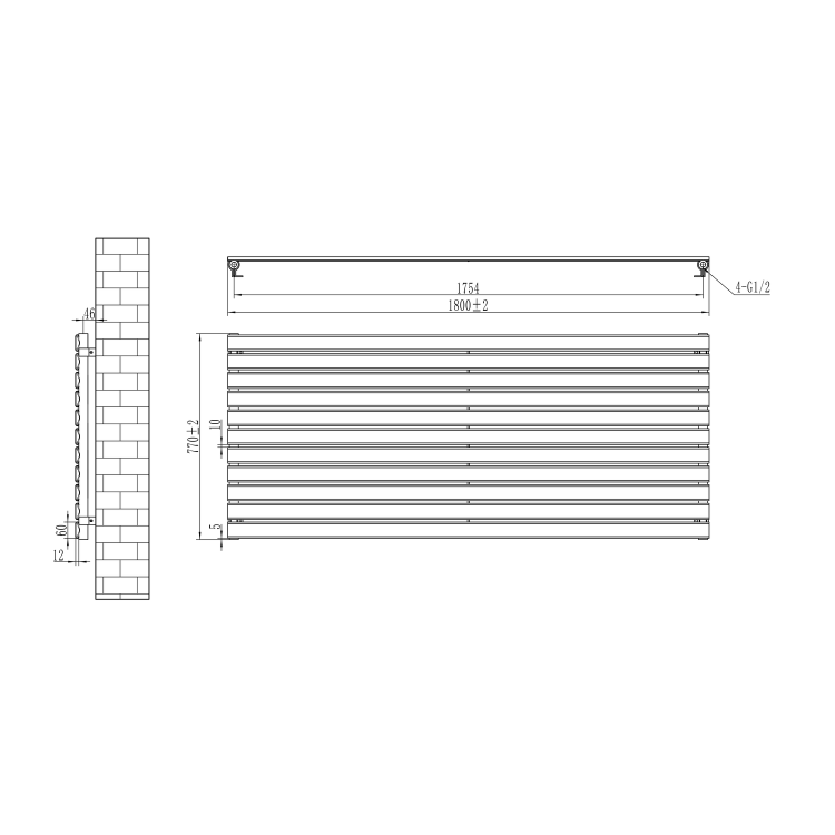 Riace Linea Dark Grey Anthracite Flat Designer Radiator 770x1800mm Single Panel 5215 BTU - Horizontal Bars