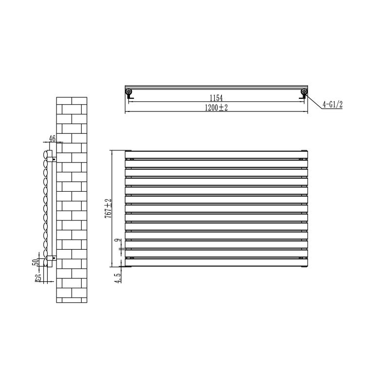 Sorrento Linea Midnight Black Oval Designer Radiator 767x1200mm Single Panel 3724 BTU - Horizontal Bars
