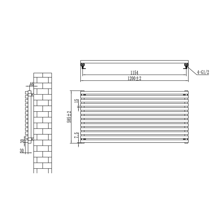 Ravello Midnight Black Square Designer Radiator 585x1200mm Single Panel 3287 BTU