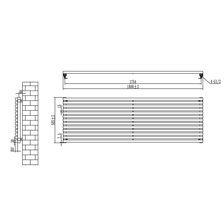 Ravello White Square Designer Radiator 585x1800mm Single Panel 4744 BTU