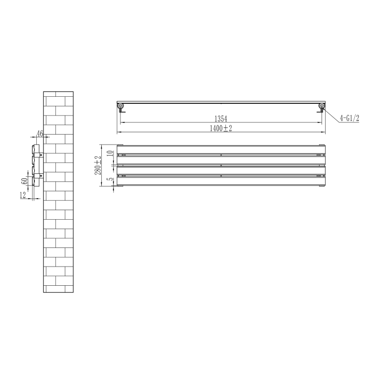 Riace Linea Dark Grey Anthracite Flat Designer Radiator 280x1400mm Single Panel 1481 BTU - Horizontal Bars