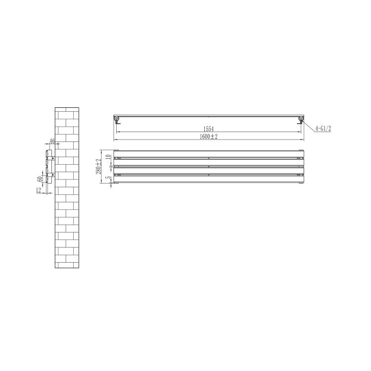 Riace Linea Dark Grey Anthracite Flat Designer Radiator 280x1600mm Single Panel 1686 BTU - Horizontal Bars