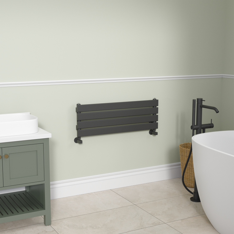 Riace Linea Midnight Black Flat Designer Radiator 280x800mm Single Panel 884 BTU - Horizontal Bars
