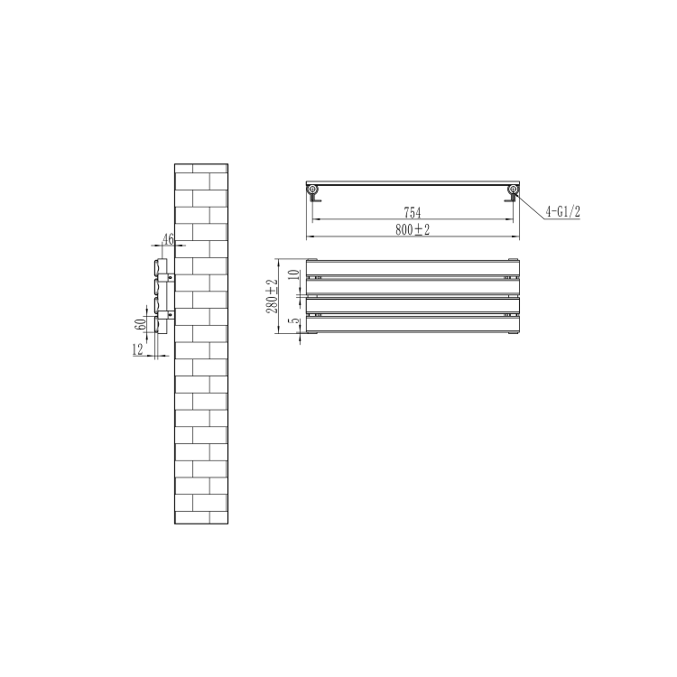 Riace Linea Midnight Black Flat Designer Radiator 280x800mm Single Panel 884 BTU - Horizontal Bars
