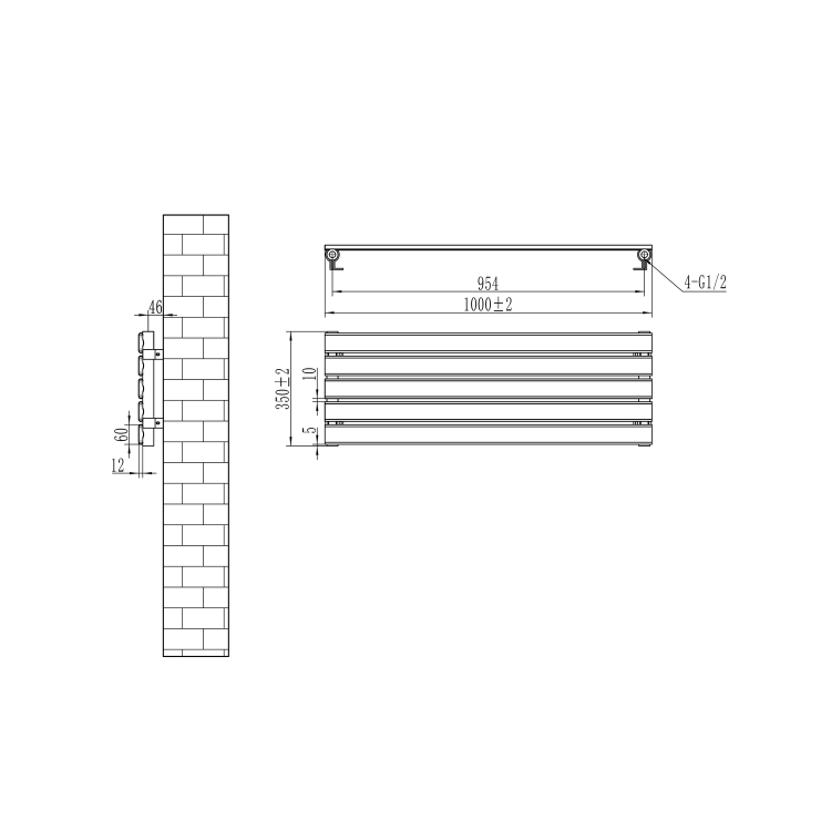 Riace Linea White Flat Designer Radiator 350x1000mm Single Panel 1352 BTU - Horizontal Bars